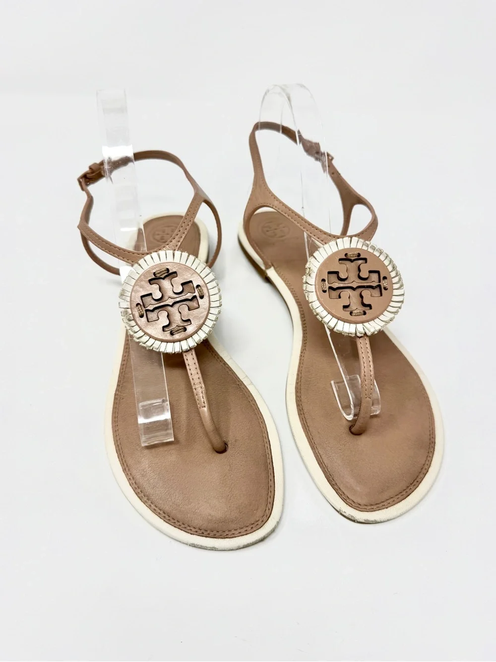 Tory Burch Miller Fringe Tan and Cream Flat Leather Sandals